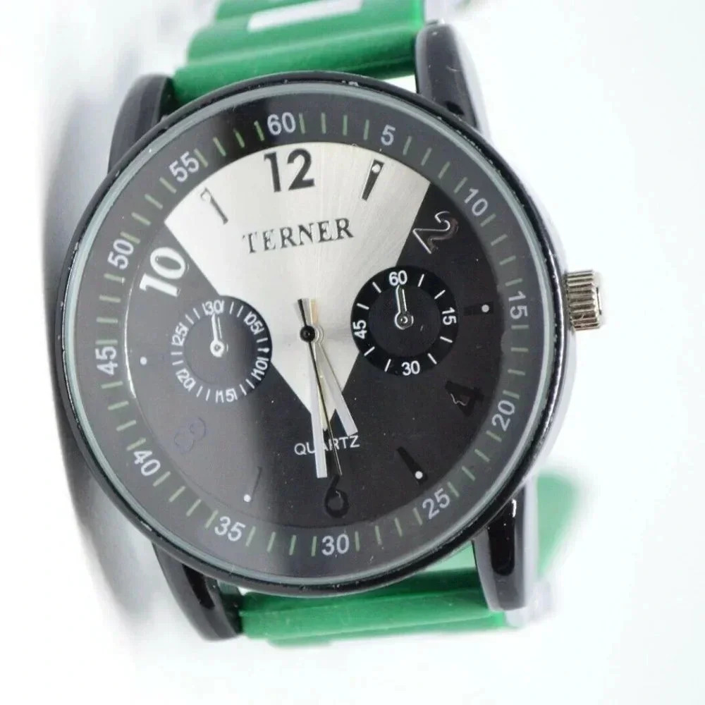 Terner Quartz Black Silver Green Band Wrist Watch